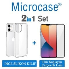 Microcase iPhone 12 Mini İnce 0.2 mm Soft Silikon Kılıf + Tam Kaplayan Çerçeveli Cam