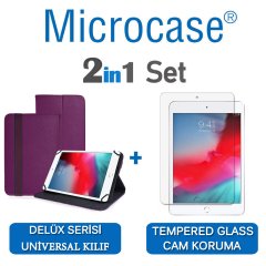 Microcase iPad Mini 5 2019 Delüx Serisi Universal Standlı Deri Kılıf - Mor + Tempered Glass Cam Koruma