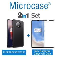 Microcase OnePlus 7T Elektrocase Serisi Silikon Kılıf - Siyah + Tam Kaplayan Çerçeveli Cam