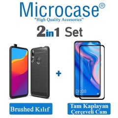 Microcase Huawei Y9 Prime 2019 Brushed Carbon Fiber Silikon Kılıf- Siyah + Tam Kaplayan Çerçeveli Cam