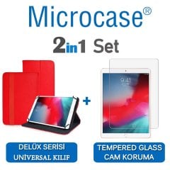 Microcase iPad Air 3.Nesil 2019 Delüx Serisi Universal Standlı Deri Kılıf - Kırmızı + Tempered Glass Cam Koruma