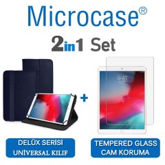 Microcase iPad Air 3.Nesil 2019 Delüx Serisi Universal Standlı Deri Kılıf - Lacivert + Tempered Glass Cam Koruma