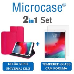 Microcase iPad Air 3.Nesil 2019 Delüx Serisi Universal Standlı Deri Kılıf - Pembe + Tempered Glass Cam Koruma