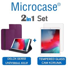 Microcase iPad Air 3.Nesil 2019 Delüx Serisi Universal Standlı Deri Kılıf - Mor + Tempered Glass Cam Koruma