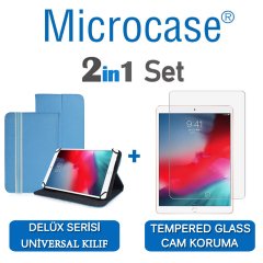 Microcase iPad Air 3.Nesil 2019 Delüx Serisi Universal Standlı Deri Kılıf - Turkuaz + Tempered Glass Cam Koruma
