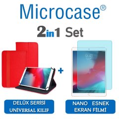 Microcase iPad Air 3.Nesil 2019 Delüx Serisi Universal Standlı Deri Kılıf - Kırmızı + Nano Esnek Ekran Koruma Filmi