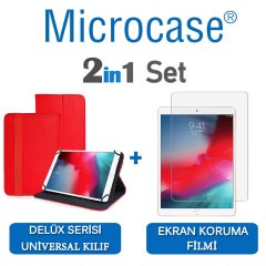 Microcase iPad Air 3.Nesil 2019 Delüx Serisi Universal Standlı Deri Kılıf - Kırmızı + Ekran Koruma Filmi