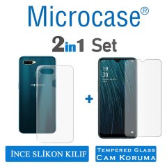 Microcase Oppo A5S Ultra İnce 0.2 mm Soft Silikon Kılıf - Şeffaf + Tempered Glass Cam Koruma