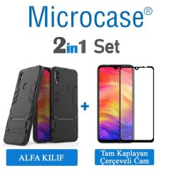 Microcase Xiaomi Redmi Note 7 Pro  Alfa Serisi Armor Standlı Perfect Koruma Kılıf + Tam Kaplayan Çerçeveli Cam - Siyah