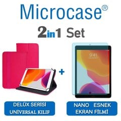 Microcase iPad 7.Nesil 10.2 2019 Delüx Serisi Universal Standlı Deri Kılıf - Pembe + Nano Esnek Ekran Koruma Filmi