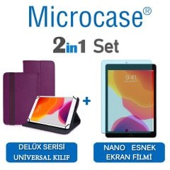 Microcase iPad 7.Nesil 10.2 2019 Delüx Serisi Universal Standlı Deri Kılıf - Mor + Nano Esnek Ekran Koruma Filmi