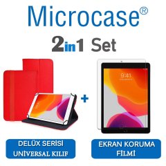 Microcase iPad 7.Nesil 10.2 2019 Delüx Serisi Universal Standlı Deri Kılıf - Kırmızı + Ekran Koruma Filmi
