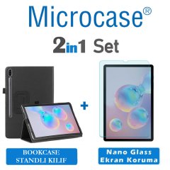 Microcase Samsung Galaxy Tab S6 10.6 Tablet T860 T867 Book Case Standlı Deri Kılıf - Siyah + Nano Esnek Ekran Koruma Filmi