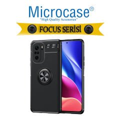 Microcase Xiaomi Poco F3 Focus Serisi Yüzük Standlı Silikon Kılıf - Siyah
