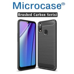 Microcase Samsung Galaxy A10s Brushed Carbon Fiber Silikon Kılıf Siyah + Tam Kaplayan Çerçeveli Cam