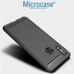 Microcase Samsung Galaxy A10s Brushed Carbon Fiber Silikon Kılıf Siyah + Tam Kaplayan Çerçeveli Cam