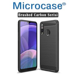 Microcase Samsung Galaxy A20s Brushed Carbon Fiber Silikon Kılıf Siyah + Tam Kaplayan Çerçeveli Cam
