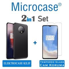 Microcase OnePlus 7T Elektrocase Serisi Kamera Korumalı Silikon Kılıf - Siyah + Tempered Glass Cam Koruma