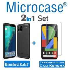 Microcase Google Pixel 4 XL Brushed Carbon Fiber Silikon Kılıf - Siyah + Tempered Glass Cam Koruma