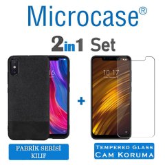 Microcase Xiaomi Mi 8 Pro Fabrik Serisi Kumaş ve Deri Desen Kılıf - Siyah + Tempered Glass Cam Koruma