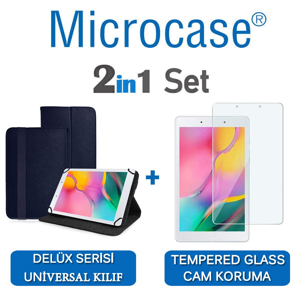 Microcase Samsung Galaxy Tab A 8.0 2019 T290 Delüx Serisi Universal Standlı Deri Kılıf - Lacivert + Tempered Glass Cam Koruma