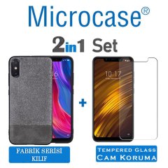 Microcase Xiaomi Mi 8 Pro Fabrik Serisi Kumaş ve Deri Desen Kılıf - Gri + Tempered Glass Cam Koruma