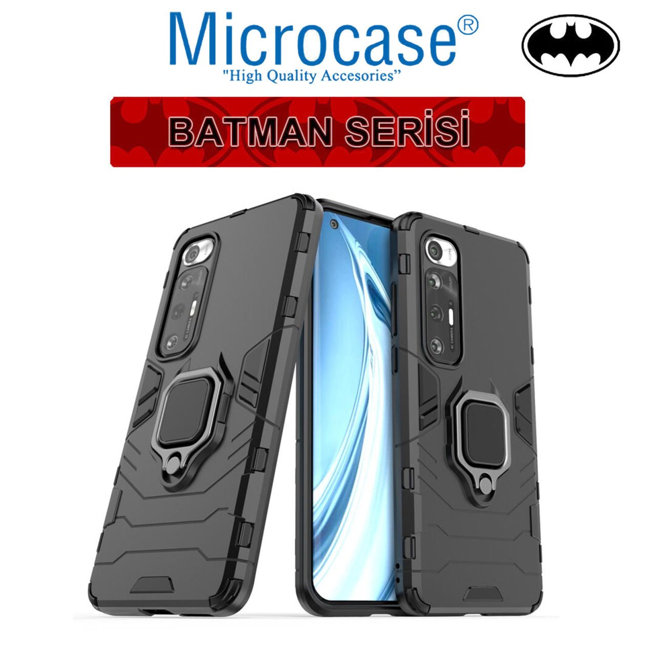 Microcase Xiaomi Mi 10S Batman Serisi Yüzük Standlı Armor Kılıf - Siyah