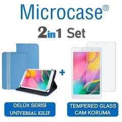 Microcase Samsung Galaxy Tab A 8.0 2019 T290 Delüx Serisi Universal Standlı Deri Kılıf - Turkuaz + Tempered Glass Cam Koruma
