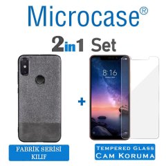 Microcase Xiaomi Redmi Note 6 Pro Fabrik Serisi Kumaş ve Deri Desen Kılıf - Gri + Tempered Glass Cam Koruma