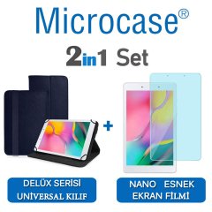 Microcase Samsung Galaxy Tab A 8.0 2019 T290 Delüx Serisi Universal Standlı Deri Kılıf - Lacivert + Nano Esnek Ekran Koruma Filmi