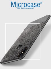 Microcase Xiaomi Redmi Note 6 Pro Fabrik Serisi Kumaş ve Deri Desen Kılıf - Gri