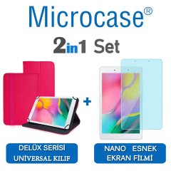 Microcase Samsung Galaxy Tab A 8.0 2019 T290 Delüx Serisi Universal Standlı Deri Kılıf - Pembe + Nano Esnek Ekran Koruma Filmi