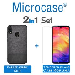 Microcase Xiaomi Redmi Note 7 - Redmi Note 7 Pro Fabrik Serisi Kumaş ve Deri Desen Kılıf - Siyah + Tempered Glass Cam Koruma