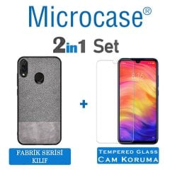 Microcase Xiaomi Redmi Note 7 - Redmi Note 7 Pro Fabrik Serisi Kumaş ve Deri Desen Kılıf - Gri + Tempered Glass Cam Koruma