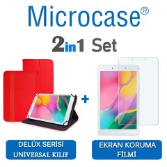 Microcase Samsung Galaxy Tab A 8.0 2019 T290 Delüx Serisi Universal Standlı Deri Kılıf - Kırmızı + Ekran Koruma Filmi