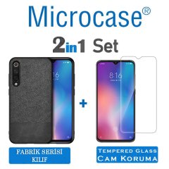 Microcase Xiaomi Mi 9 Fabrik Serisi Kumaş ve Deri Desen Kılıf - Siyah + Tempered Glass Cam Koruma