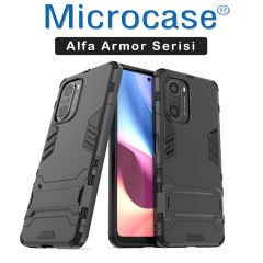 Microcase Xiaomi Poco F3 Alfa Armor Standlı Perfect Koruma Kılıf - Siyah