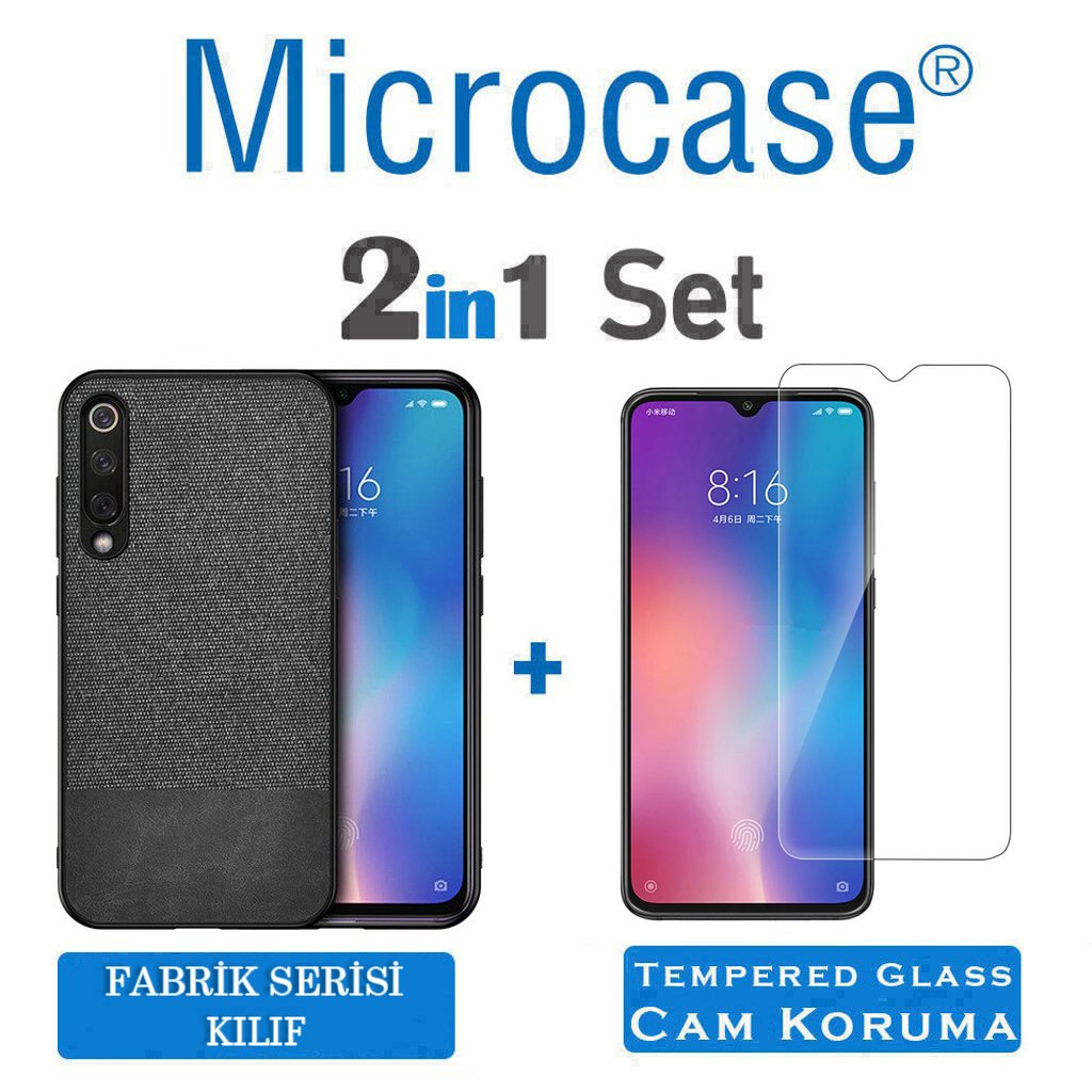 Microcase Xiaomi Mi 9 SE Fabrik Serisi Kumaş ve Deri Desen Kılıf - Siyah + Tempered Glass Cam Koruma