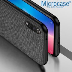 Microcase Xiaomi Mi 9 SE Fabrik Serisi Kumaş ve Deri Desen Kılıf - Siyah + Tempered Glass Cam Koruma