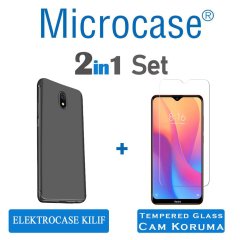 Microcase Xiaomi Redmi 8A Elektrocase Serisi Kamera Korumalı Silikon Kılıf - Siyah + Tempered Glass Cam Koruma