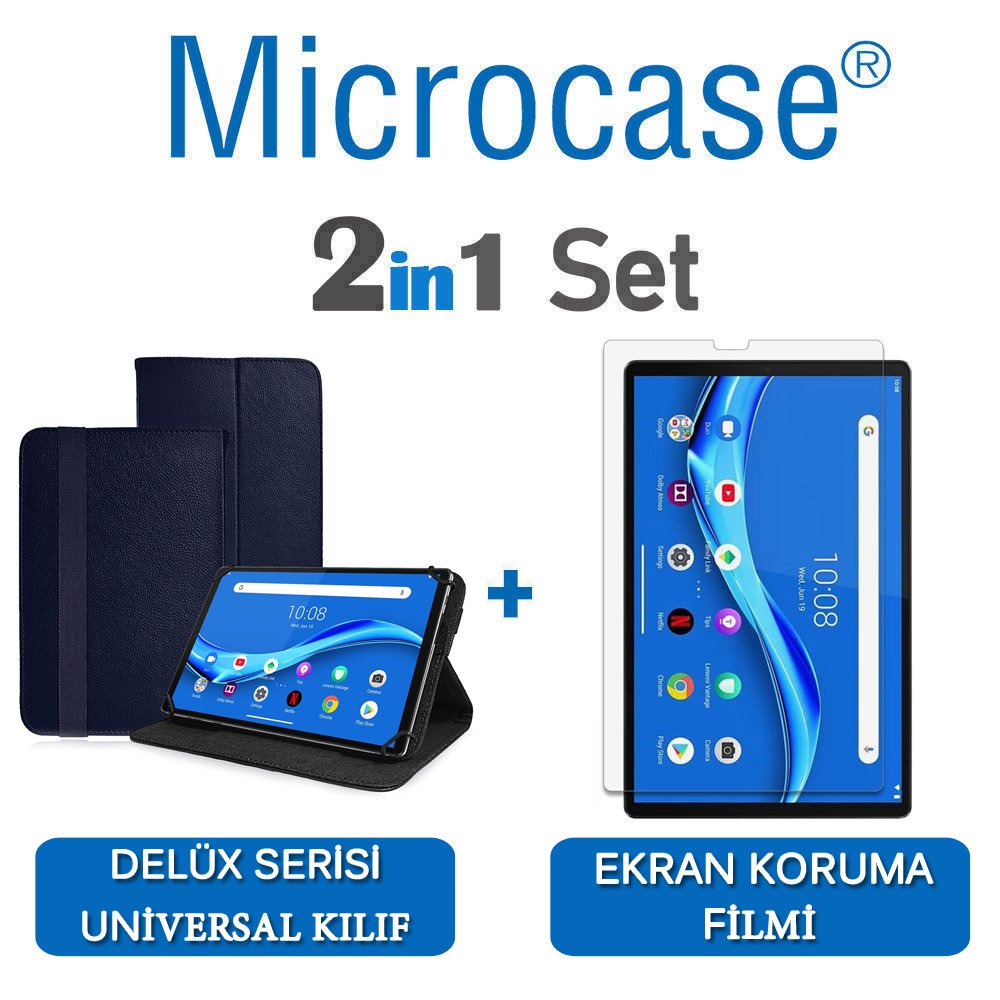 Microcase Lenovo M10 FHD Plus 10.3'' TB-X606 Delüx Serisi Universal Standlı Deri Kılıf - Lacivert + Ekran Koruma Filmi