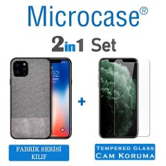Microcase Apple iPhone 11 Pro Max Fabrik Serisi Kumaş ve Deri Desen Kılıf - Gri + Tempered Glass Cam Koruma