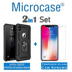 Microcase iPhone XS Max Anka Serisi Yüzük Standlı Armor Kılıf Siyah + Tempered Glass Cam Koruma