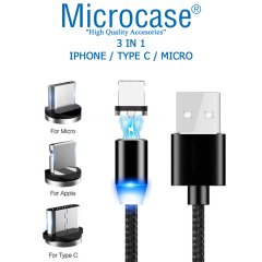 Microcase 3in1 iPhone Samsung Type-C Usb Manyetik Uçlu Mıknatıslı Şarj Kablosu 1 metre Siyah AL2532