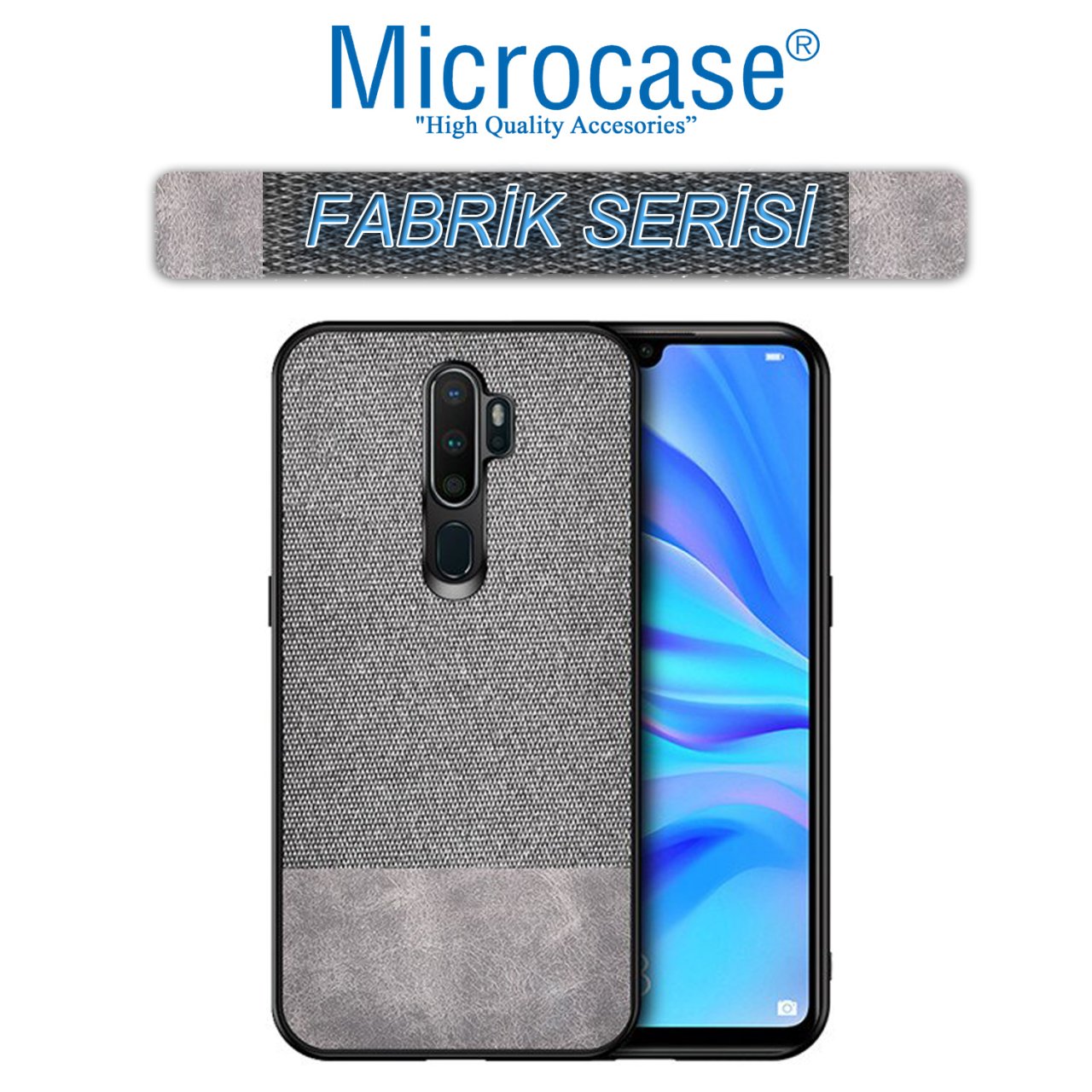 Microcase Oppo A5 2020 - Oppo A9 2020 Fabrik Serisi Kumaş ve Deri Desen Kılıf - Gri