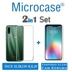 Microcase Meizu 16T İnce 0.2 mm Soft Silikon Kılıf - Şeffaf + Tempered Glass Cam Koruma