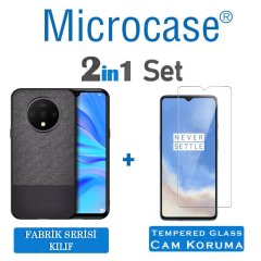 Microcase OnePlus 7T Fabrik Serisi Kumaş ve Deri Desen Kılıf - Siyah + Tempered Glass Cam Koruma