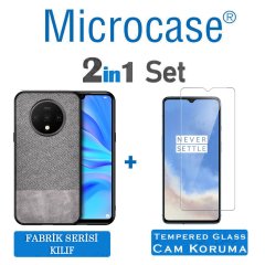 Microcase OnePlus 7T Fabrik Serisi Kumaş ve Deri Desen Kılıf - Gri + Tempered Glass Cam Koruma