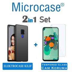 Microcase Huawei Mate 30 Lite Elektrocase Serisi Kamera Korumalı Silikon Kılıf - Siyah + Tempered Glass Cam Koruma