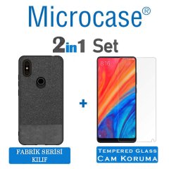 Microcase Xiaomi Mi Mix 2S Fabrik Serisi Kumaş ve Deri Desen Kılıf - Siyah + Tempered Glass Cam Koruma
